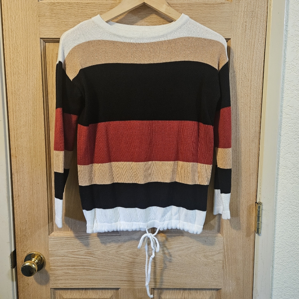 Small Striped Women's Knit Sweater with tie detail - Black, Red, Tan, White
